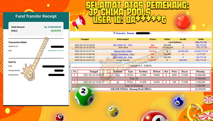 BUKTI JP GEMPATOTO JP CINA POOLS RP18.000.000