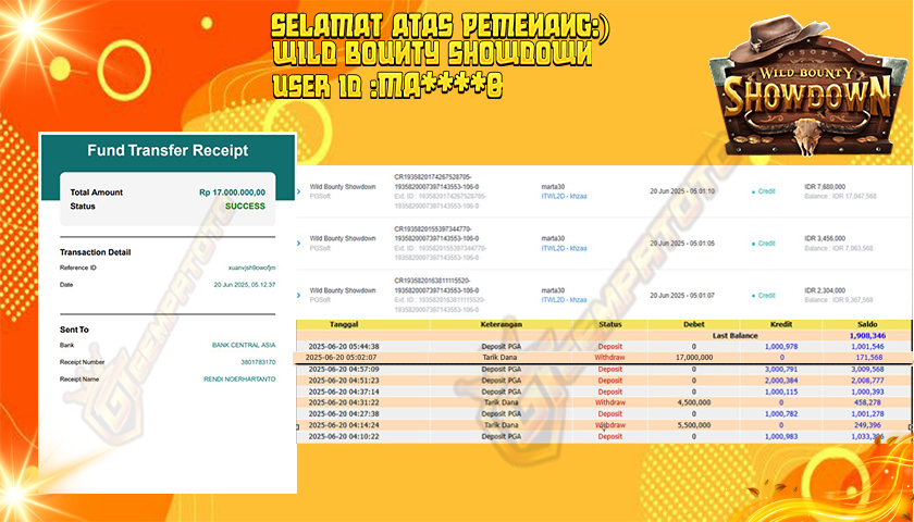 BUKTI JP GEMPATOTO WILD BOUNTY SHOWDOWN RP.17.000.000,-