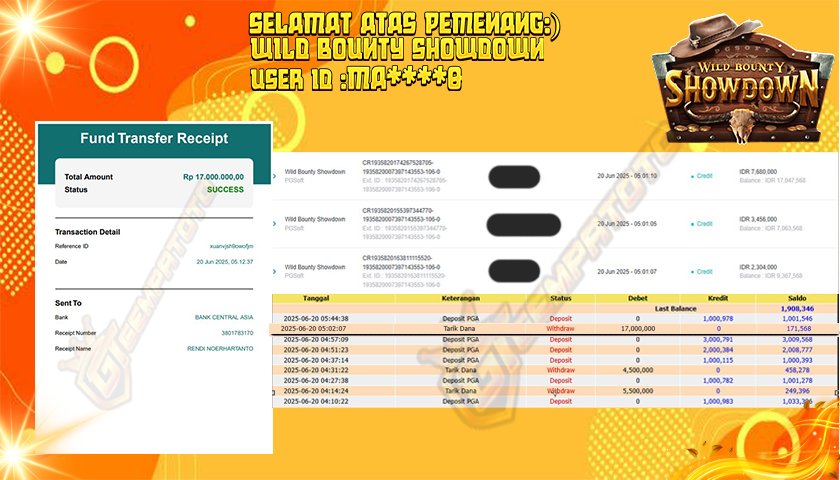BUKTI JP GEMPATOTO WILD BOUNTY SHOWDOWN RP.17.000.000,-
