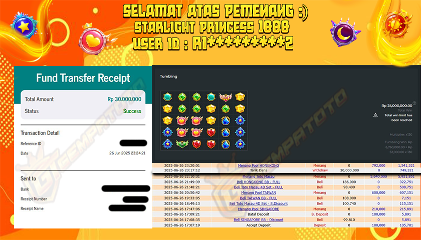 BUKTI JP GEMPATOTO JP STARLIGHT PRINCES 1000 RP.30.000.000,-