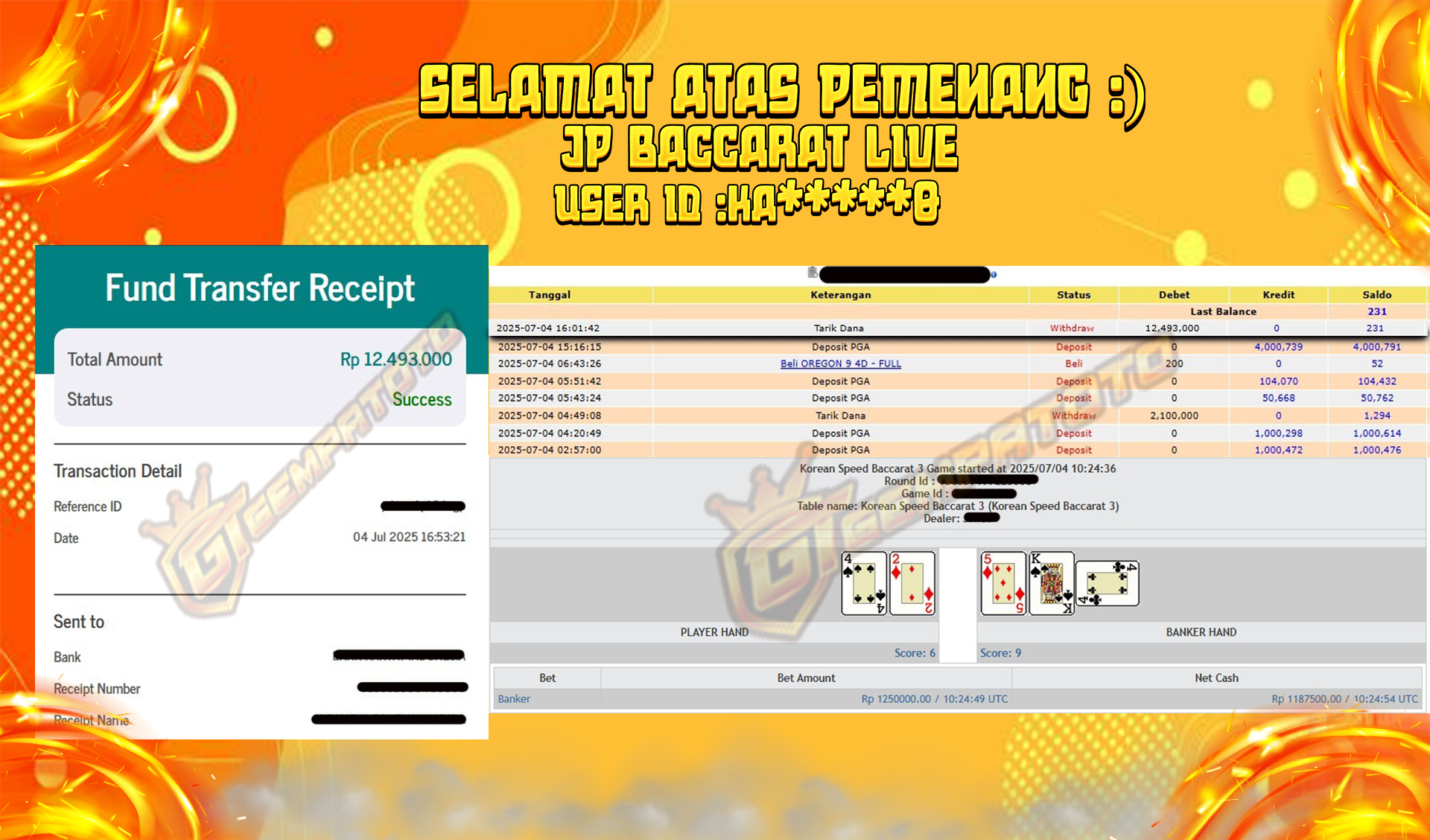 BUKTI JP GEMPATOTO JP LIVE BACCARAT RP.12.493.000,-