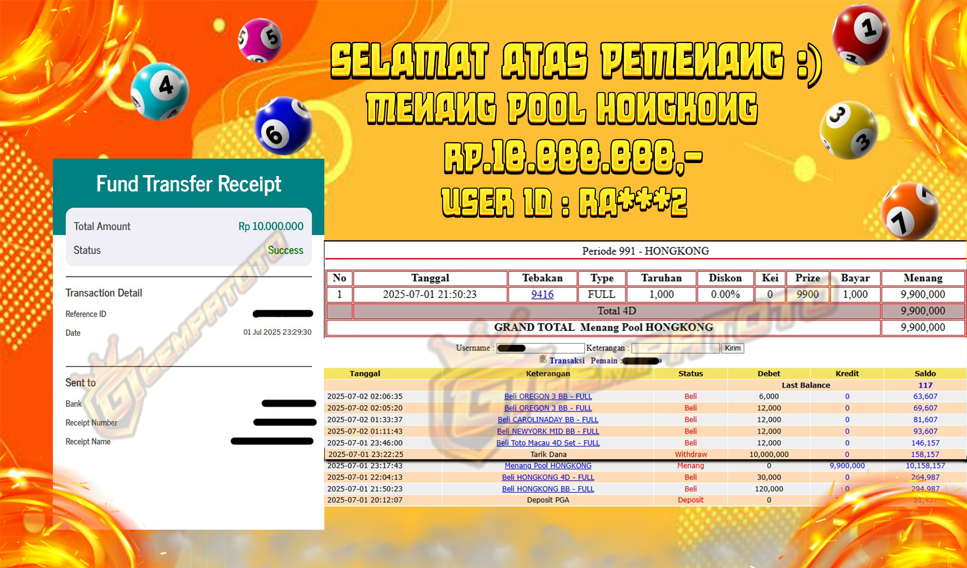 BUKTI JP GEMPATOTO JO POOL HONGKONG RP.10.000.000,-