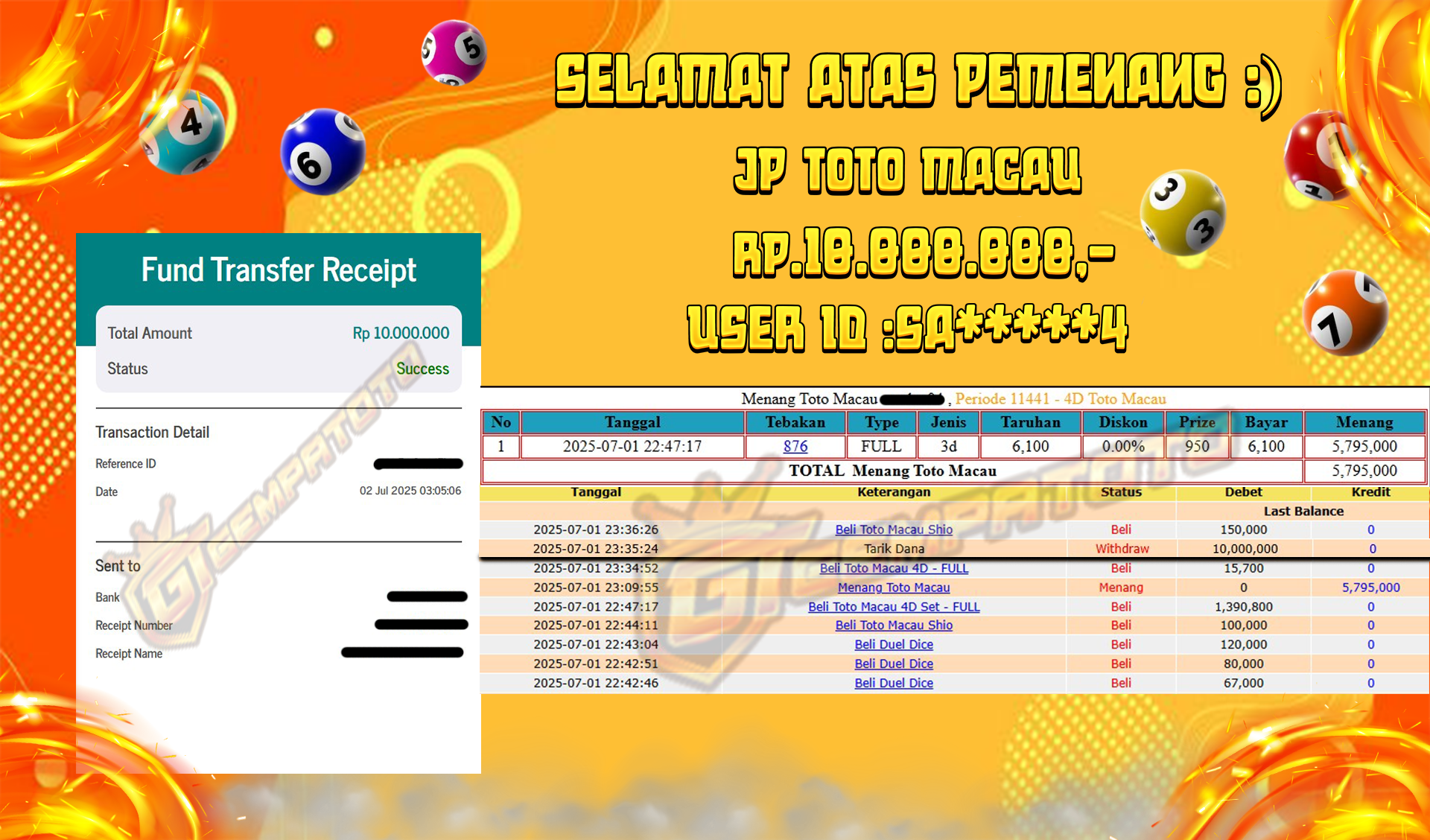 BUKTI JP GEMPATOTO JP TOTO MACAU RP.10.000.000,-