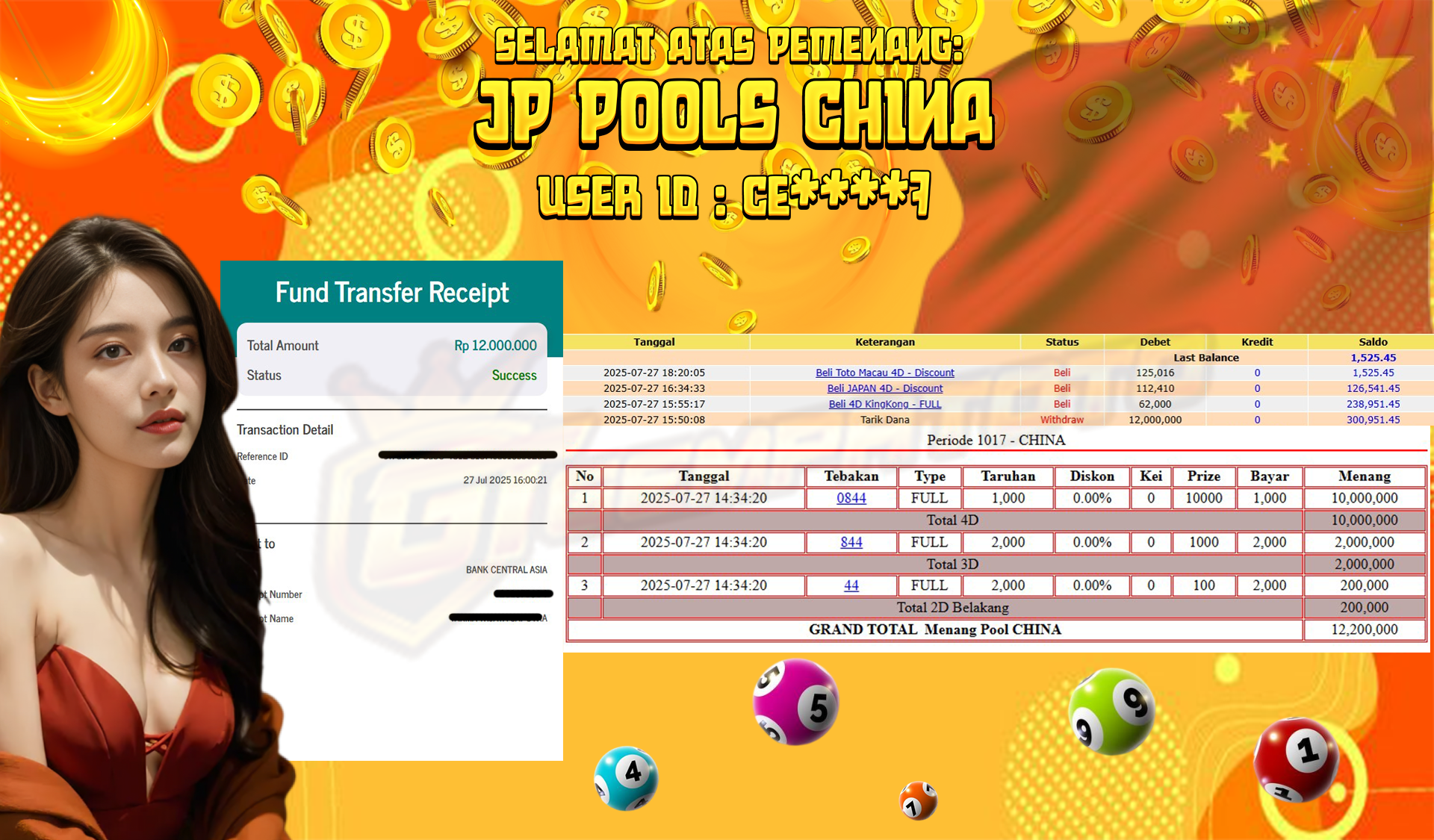 BUKTI JP GEMPATOTO JP POOLS CHINA RP.12.000.000,-